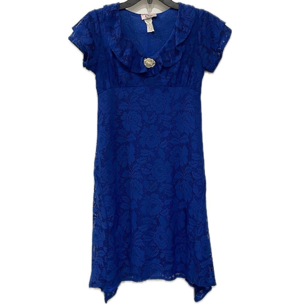 Royal Blue All Over Lace Sparkle Stretch Handkerchief Hem Girl's Dress Size 14